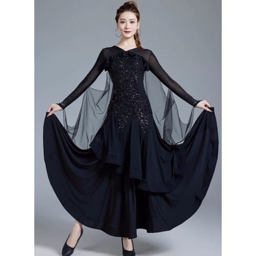 Women black red sequins ballroom dance dresses waltz tango foxtrot smooth dance long gown with float sleeves for lady